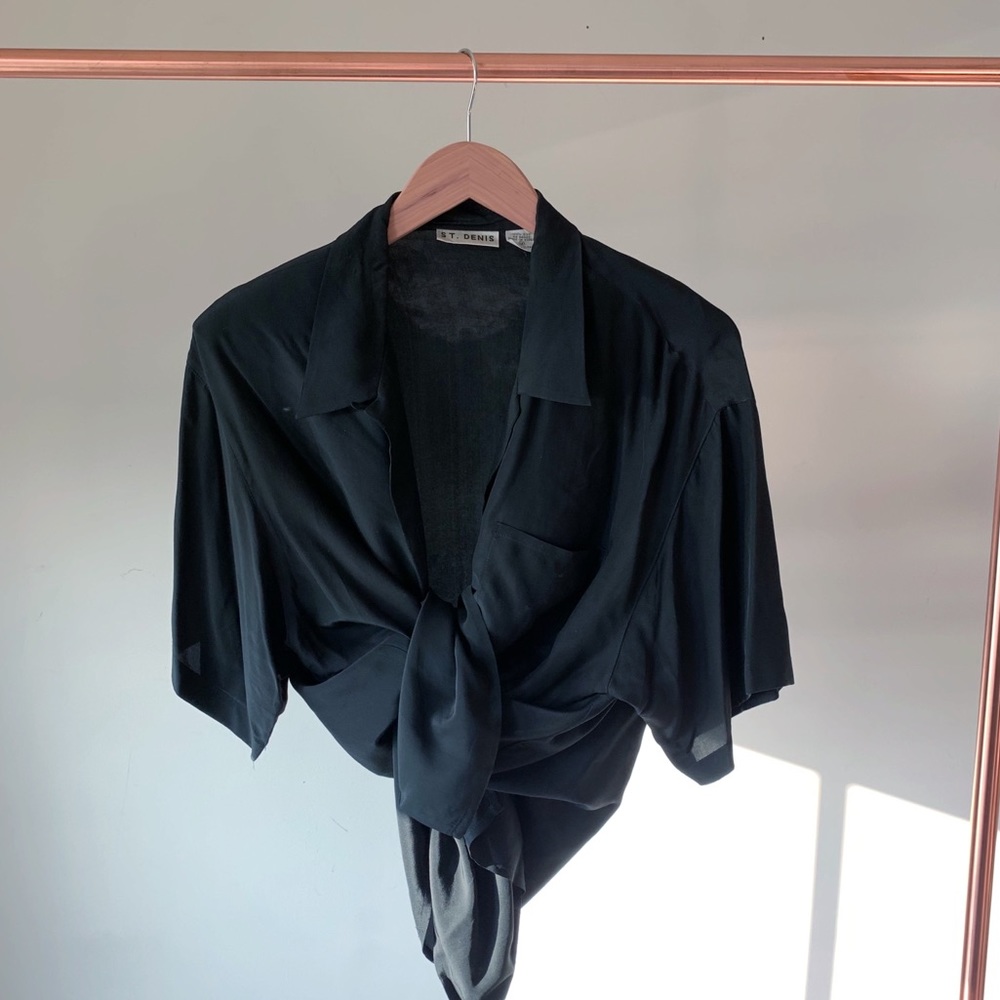 Vintage 100% Silk Black Button Front Blouse SS L